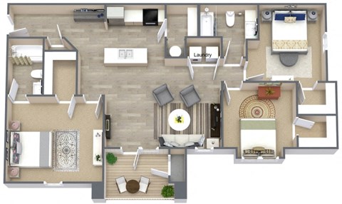 Floor plan for 3 beds, 2 baths, 1349 sqft